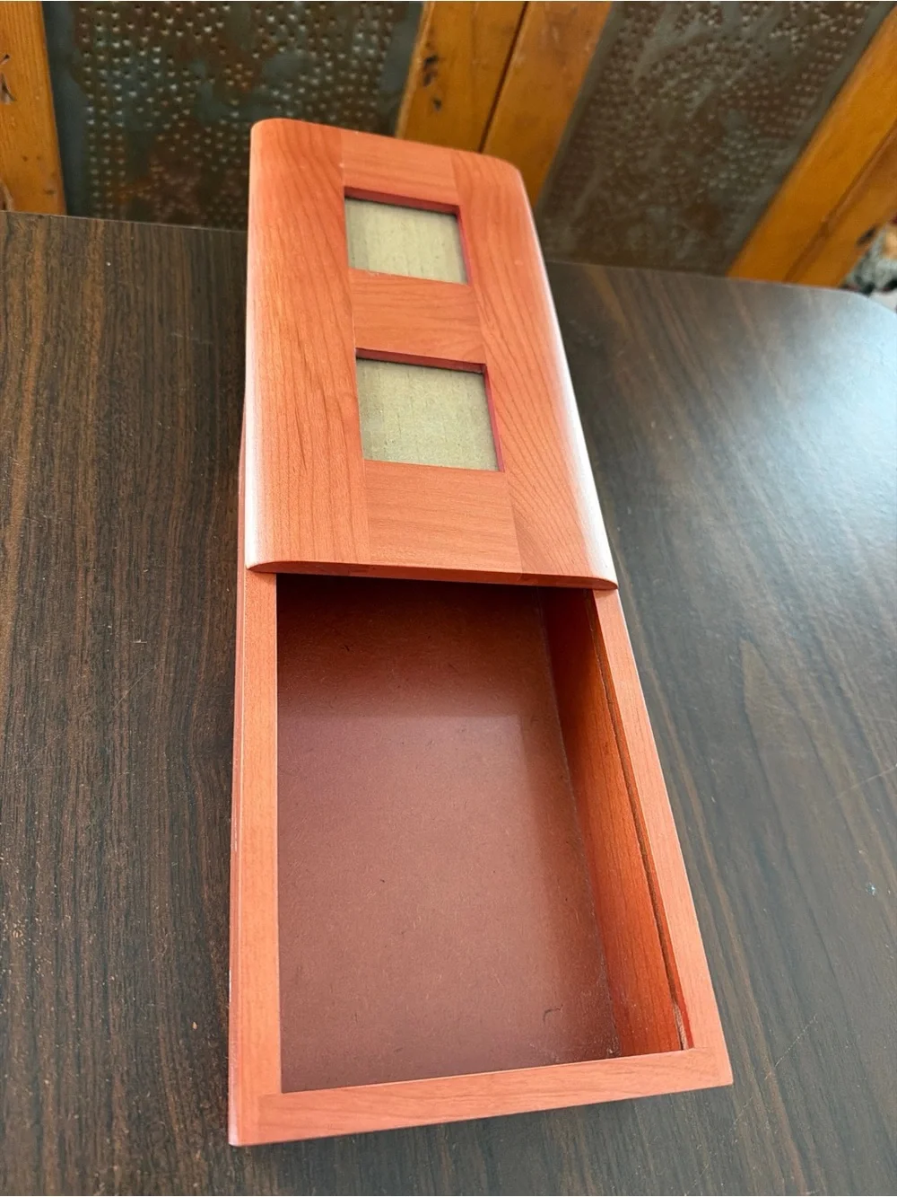 Vintage Wooden Sliding Photo Box Wooden Keepsake Trinket Storage Organizer
